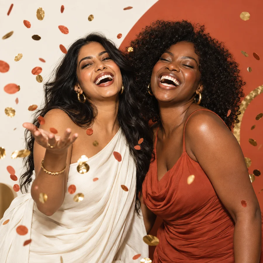 AI-created studio portrait of two friends laughing amid confetti, shown as a photo magnet