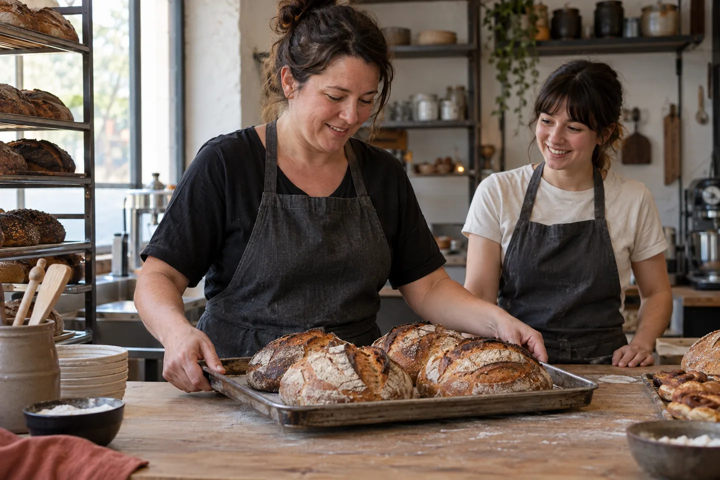 Generated studio study: a bakery team preparing bread