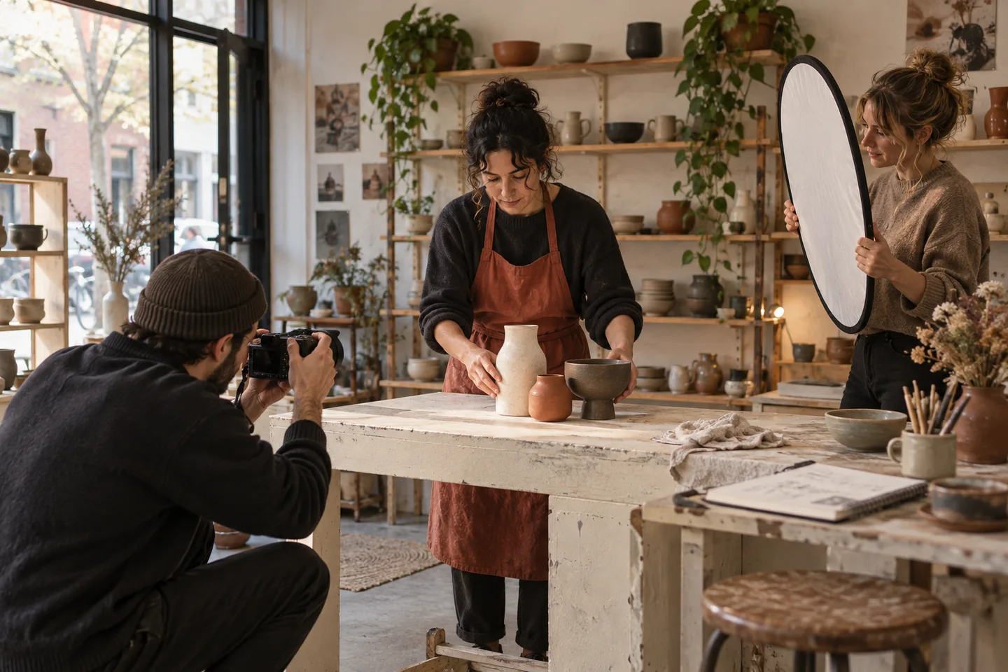 Generated studio study: a small team photographing ceramics