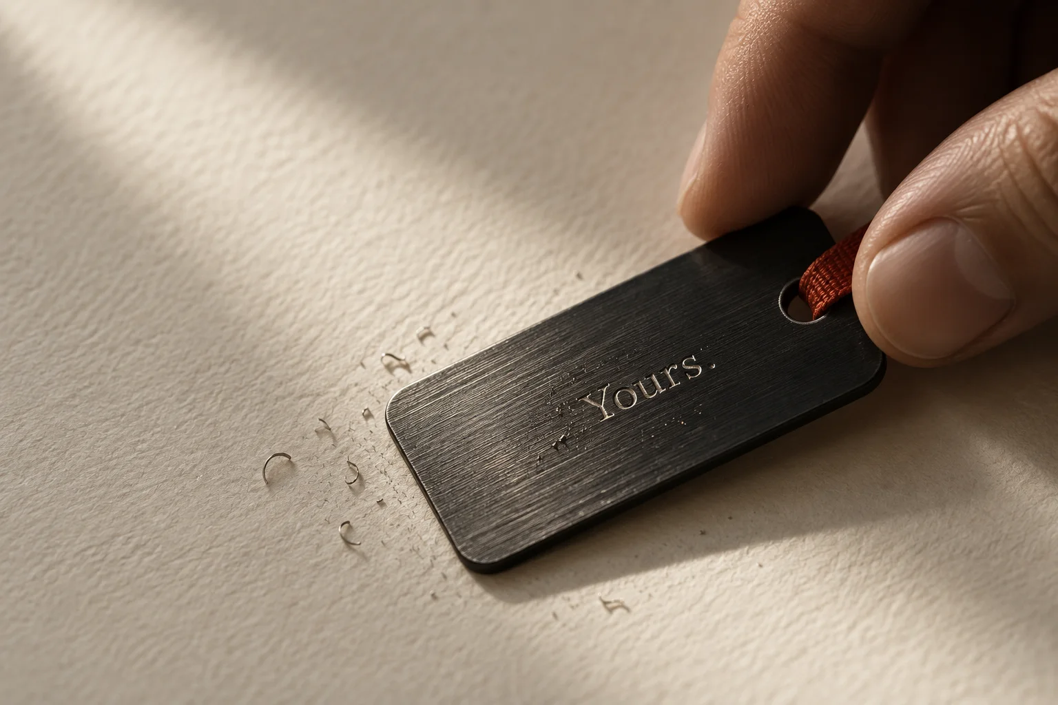 Studio study of a charcoal tag engraved with the word Yours