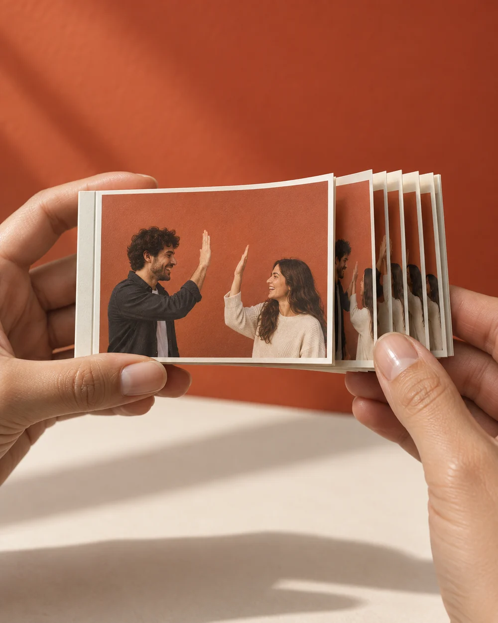 Generated studio study: hands fanning a compact high-five flipbook against terracotta and ivory